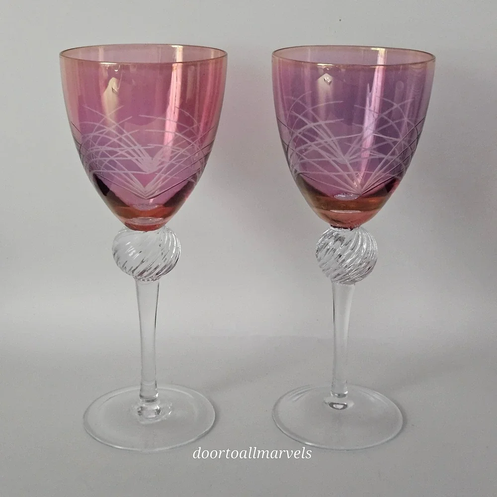2 VTG Bohemian Hand-Blown Cranberry Cut-to-Clear Wine Glasses Optic Ball Stem